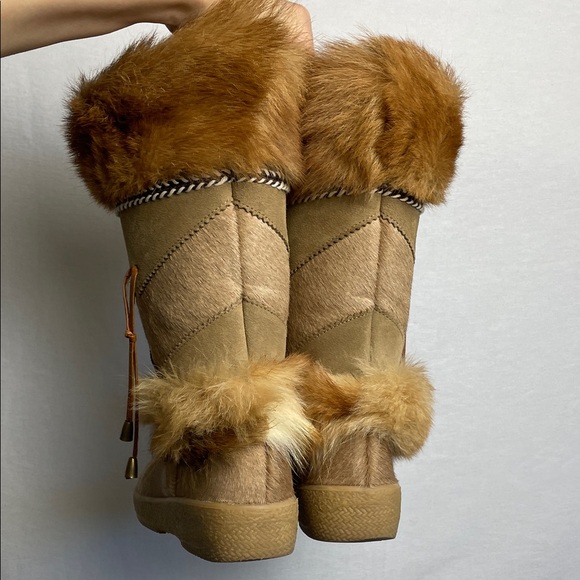 ITALY Leather suede Real fur Sherpa Tan mink Fur Trimmed Women Boots SKI WINTER - Picture 3 of 15